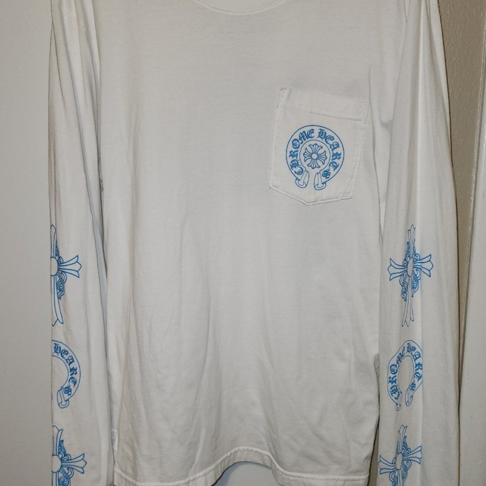White Long Sleeve Shirt with Blue Graphics